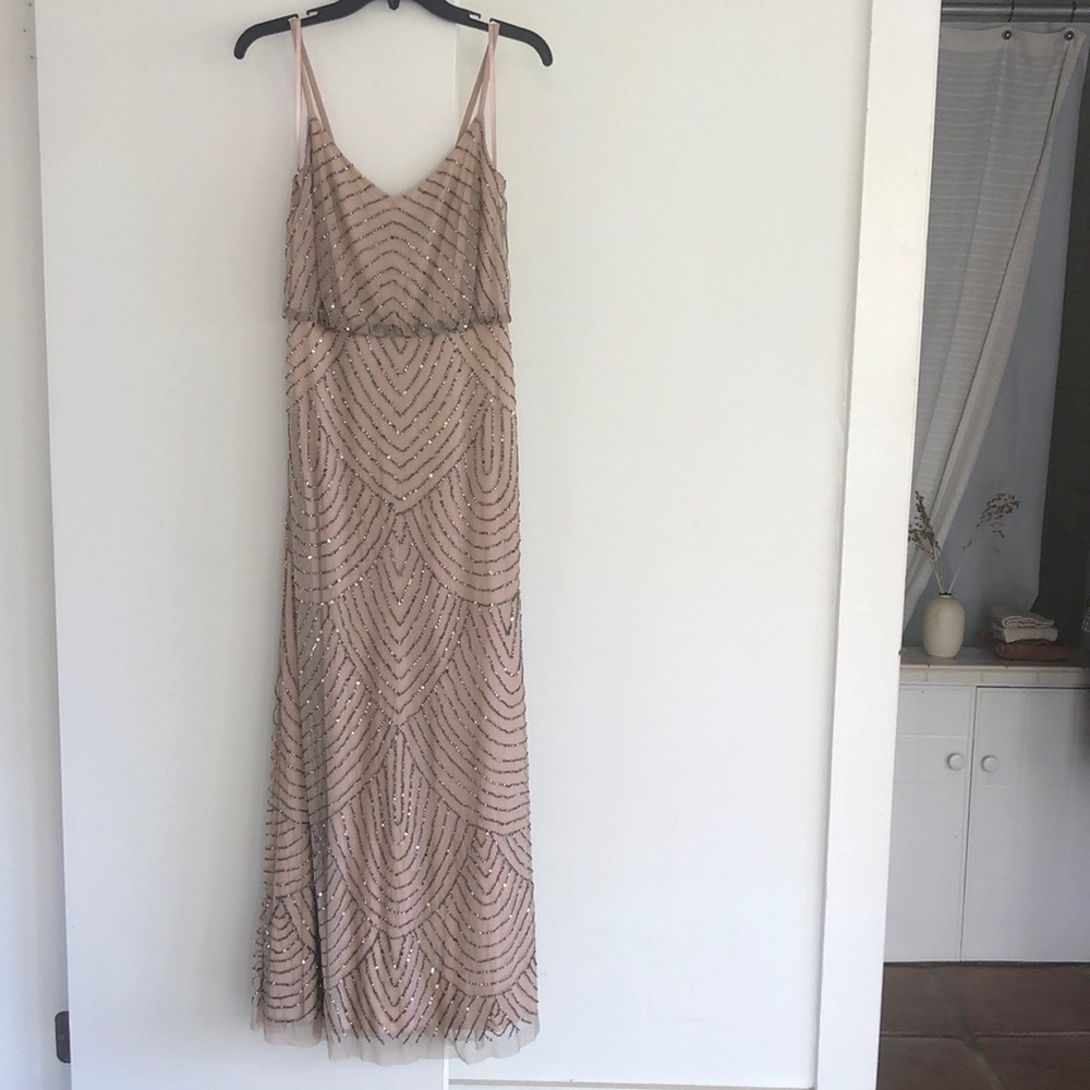 Adriana Papell Art Deco Blouson Beaded Gown Taupe